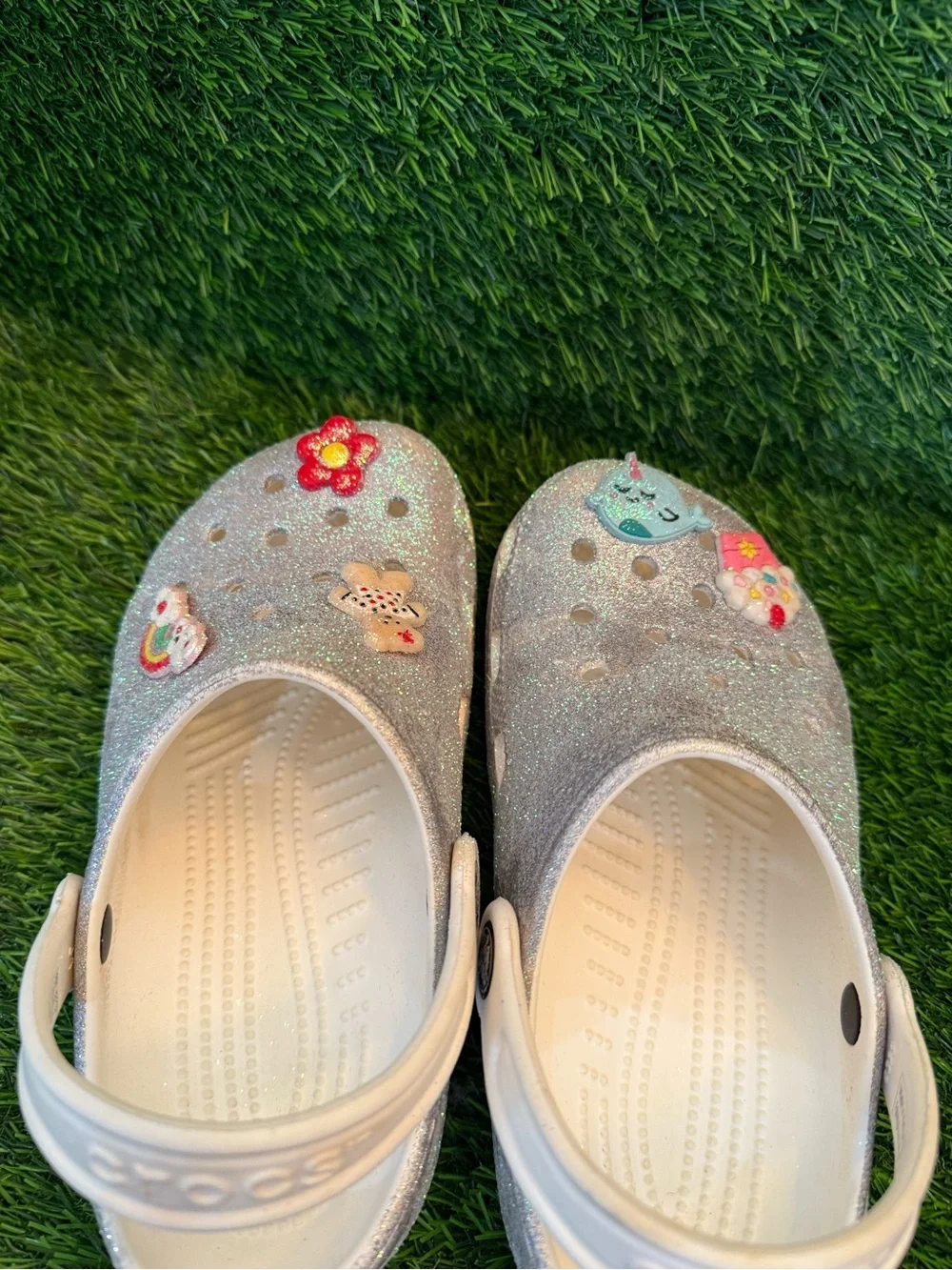 Crocs Kids Glitter Slip-On Clogs with Charms - Silver size 1Y